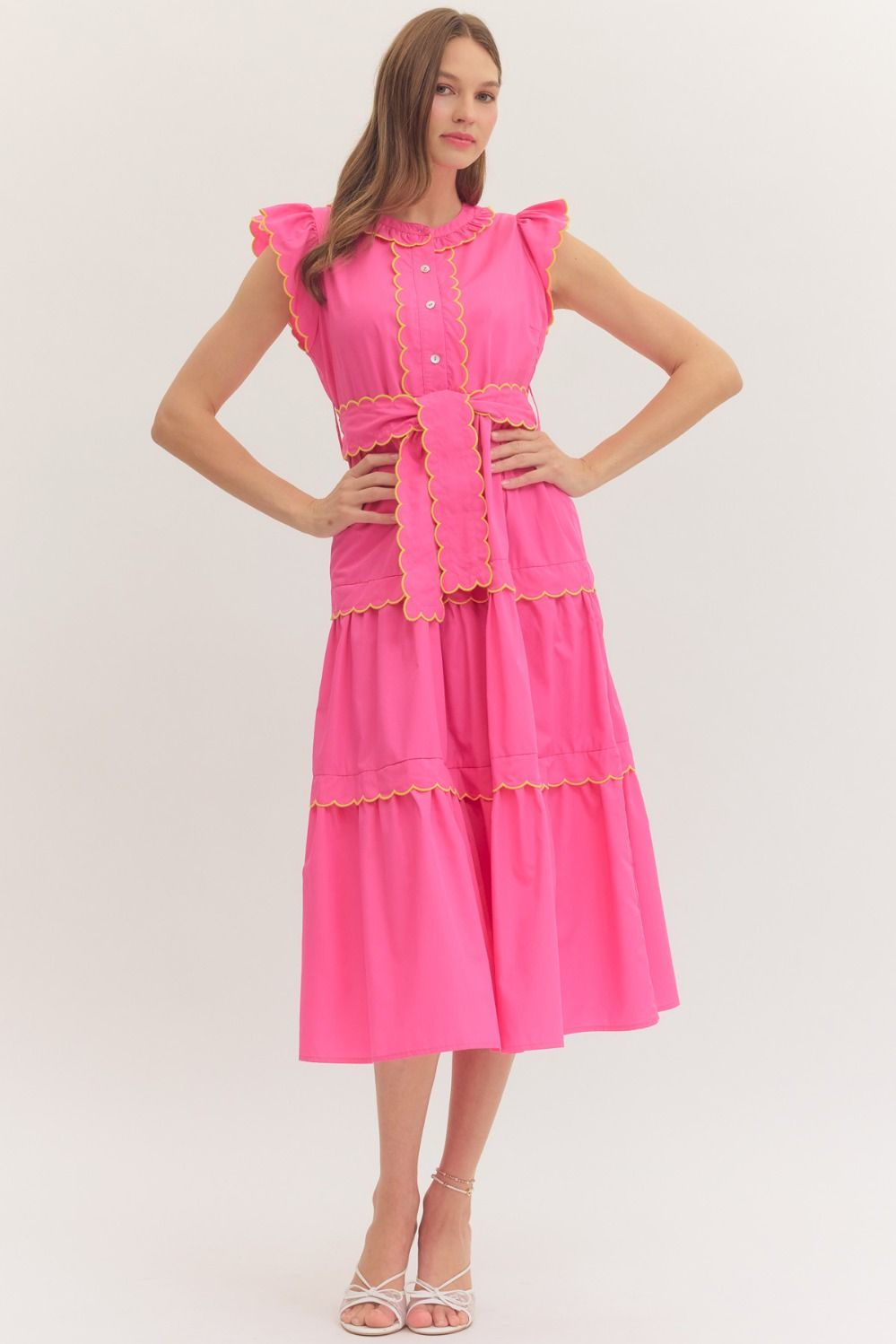 Entro - Dress - Midi Cap Sleeve Tiered Scallop Trim - Hot Pink - Findlay Rowe Designs