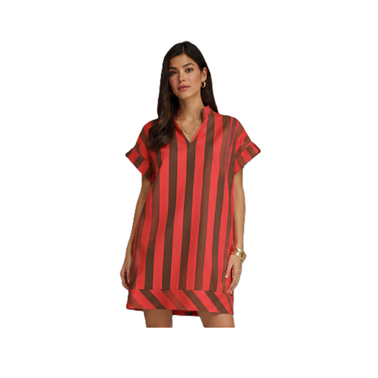 Entro - Dress - Mini Stripe V-Neck - Red Brown