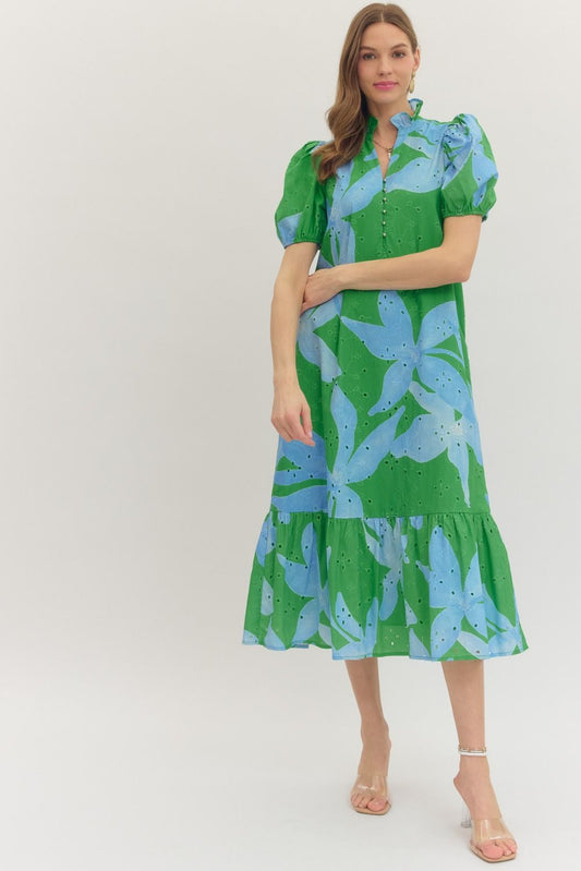 Entro - Dress Midi - Botanical Eyelet - Blue Green - Findlay Rowe Designs