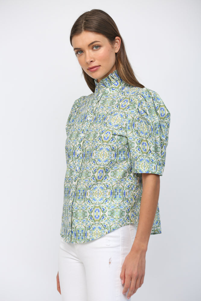 Top - Ruffle Neck Puff Sleeve - Green Blue - Findlay Rowe Designs