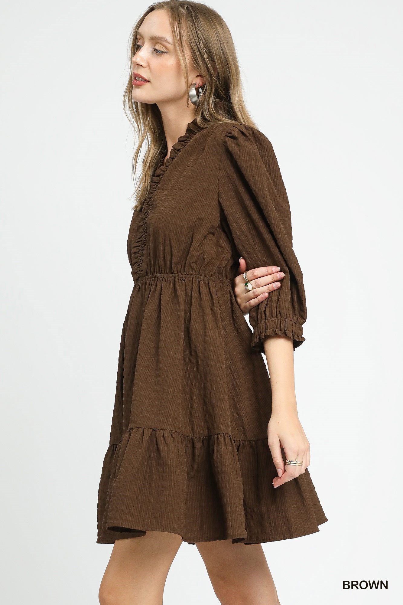 Umgee - Dress - Ruffle Trim Textured Babydoll - Brown - Findlay Rowe Designs