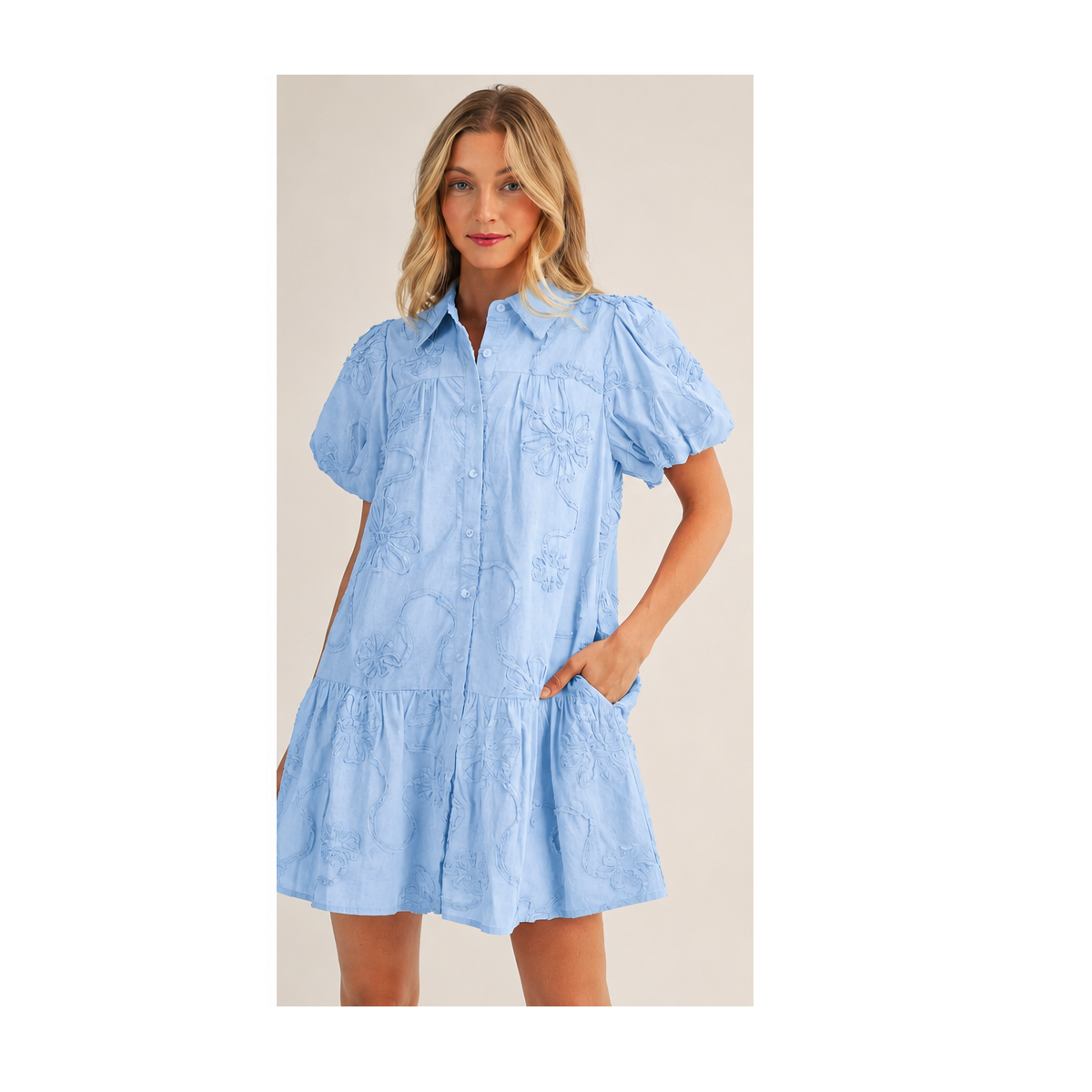 Jodifil - Dress - Mini Puff Sleeve Appliqué - Light Blue - Findlay Rowe Designs