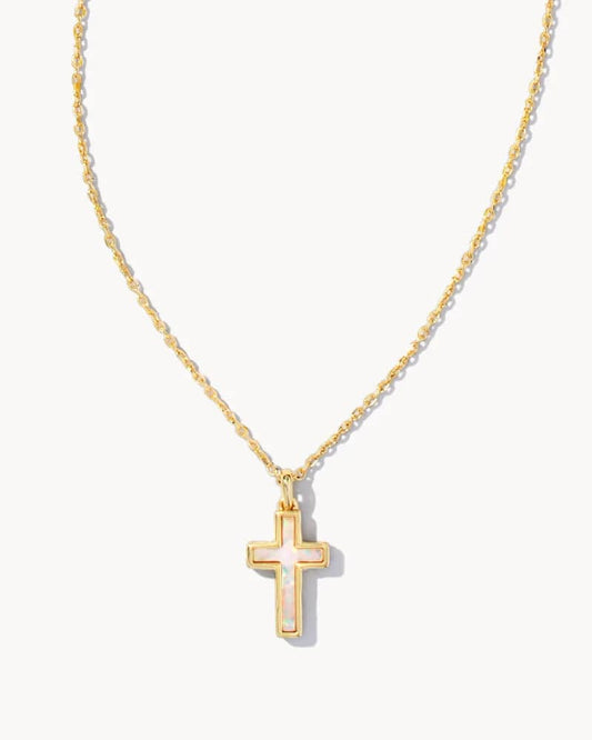 Kendra Scott - Cross Gold Pendant Necklace - White Kyocera Opal - Findlay Rowe Designs
