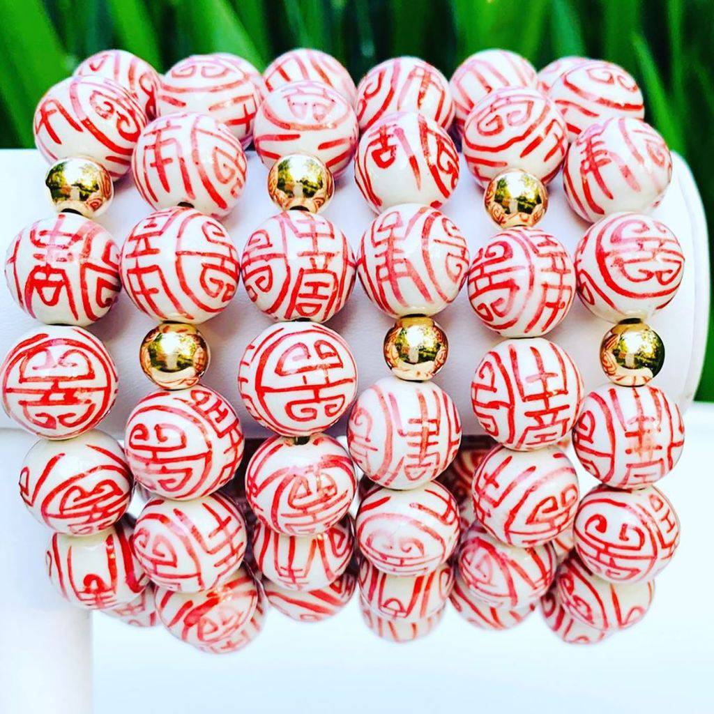 Mary Caroline Spano - Chinoiserie Porcelain Stretch Bracelet - 14mm Bead - Sailcloth Red - Findlay Rowe Designs