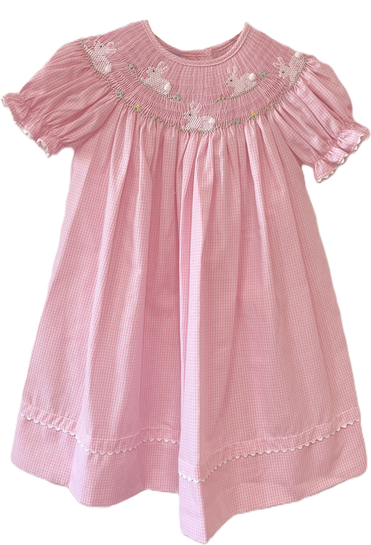 Pink Gingham Bishop smocked with White Bunnies - Findlay Rowe Designs