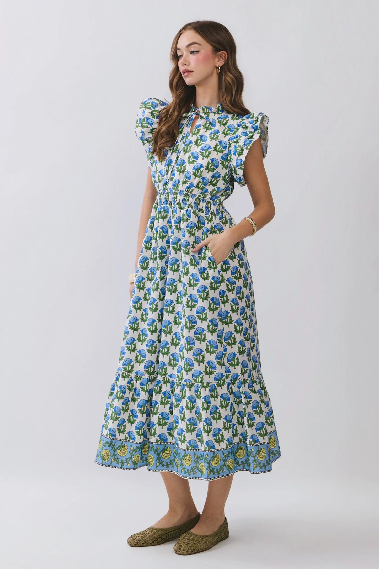 Dress - Midi Flutter Sleeve Tiered - Blue Floral - Findlay Rowe Designs