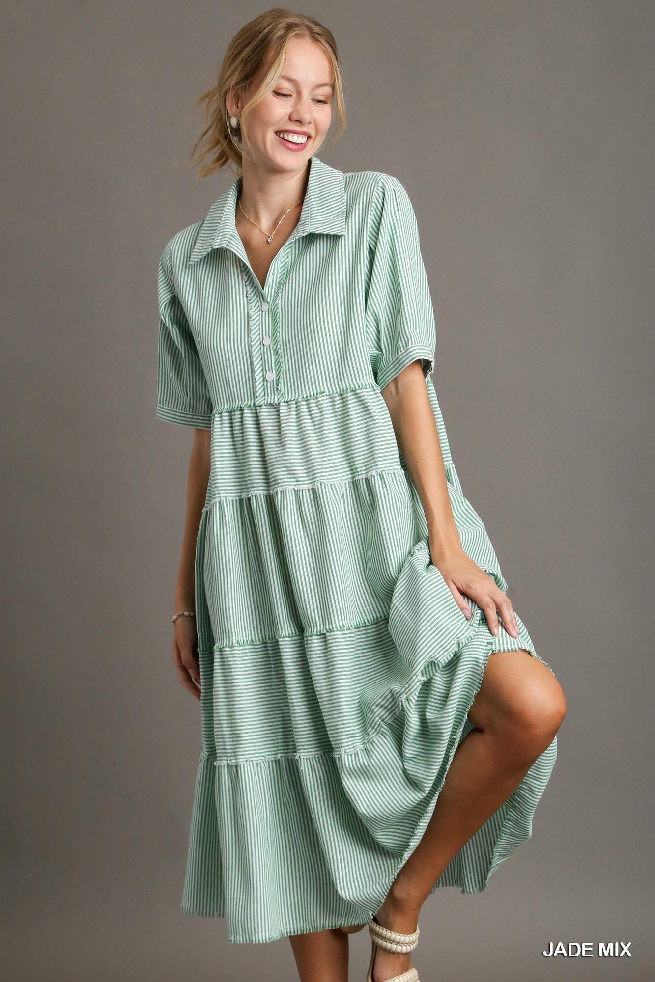 Umgee Dress Jade Stripe Tiered A Line Maxi LG Stripe Tiered
