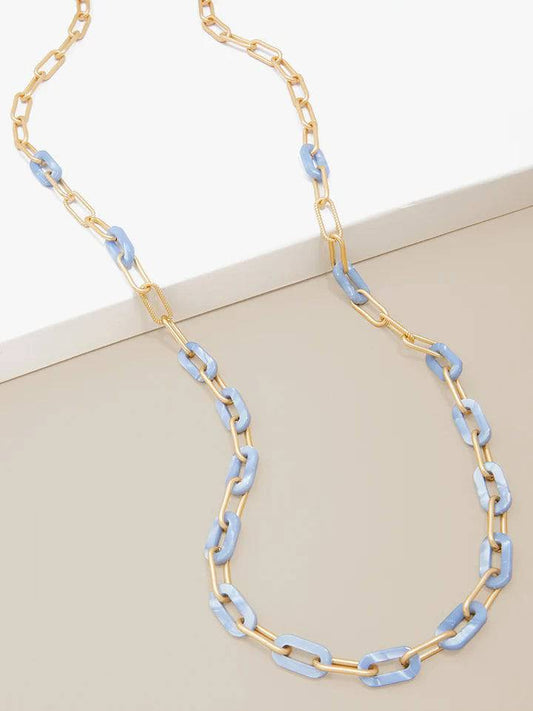 Lite Blue Marbled Paperclip Link Long Necklace
